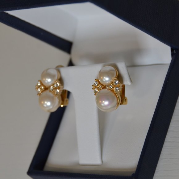 Vintage CHRISTIAN DIOR Double Pearl Rhinestone Earrings - Picture 7 of 11